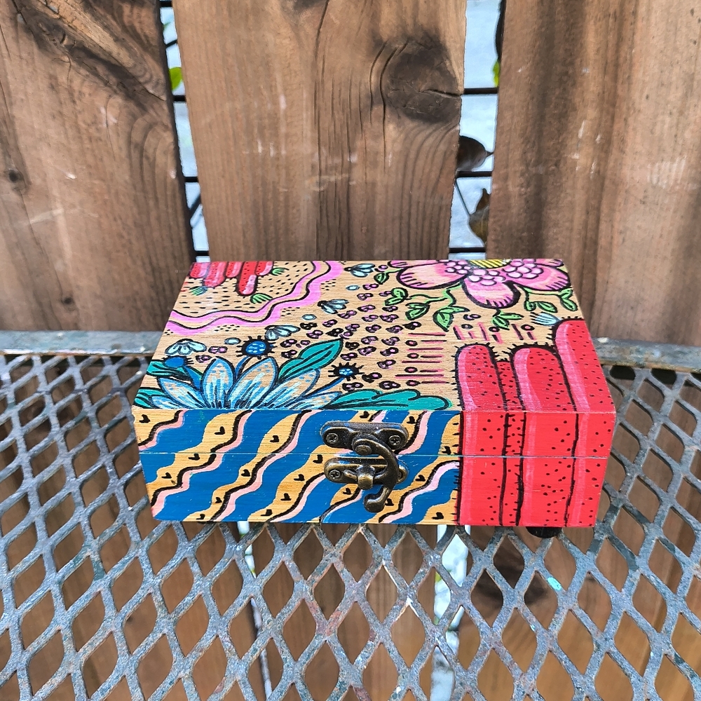 ART | Colorful Hand Painted Wood Trinket Box W/ Latch
